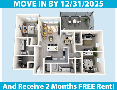 A 3D floor plan of an apartment with a promotion to move in by 12/31/2025 and receive 2 months free rent.